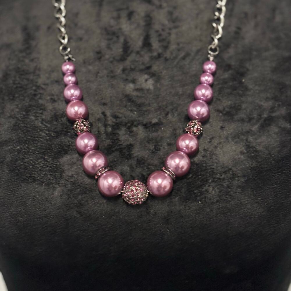 Purple Beaded Statement Necklace Rhinestone Accents Adjustable Chain Bold